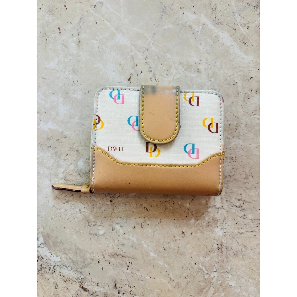 Vintage D&B Multicolor Monogram Bifold Wallet Cream Tan Compact Zip Coin Pocket